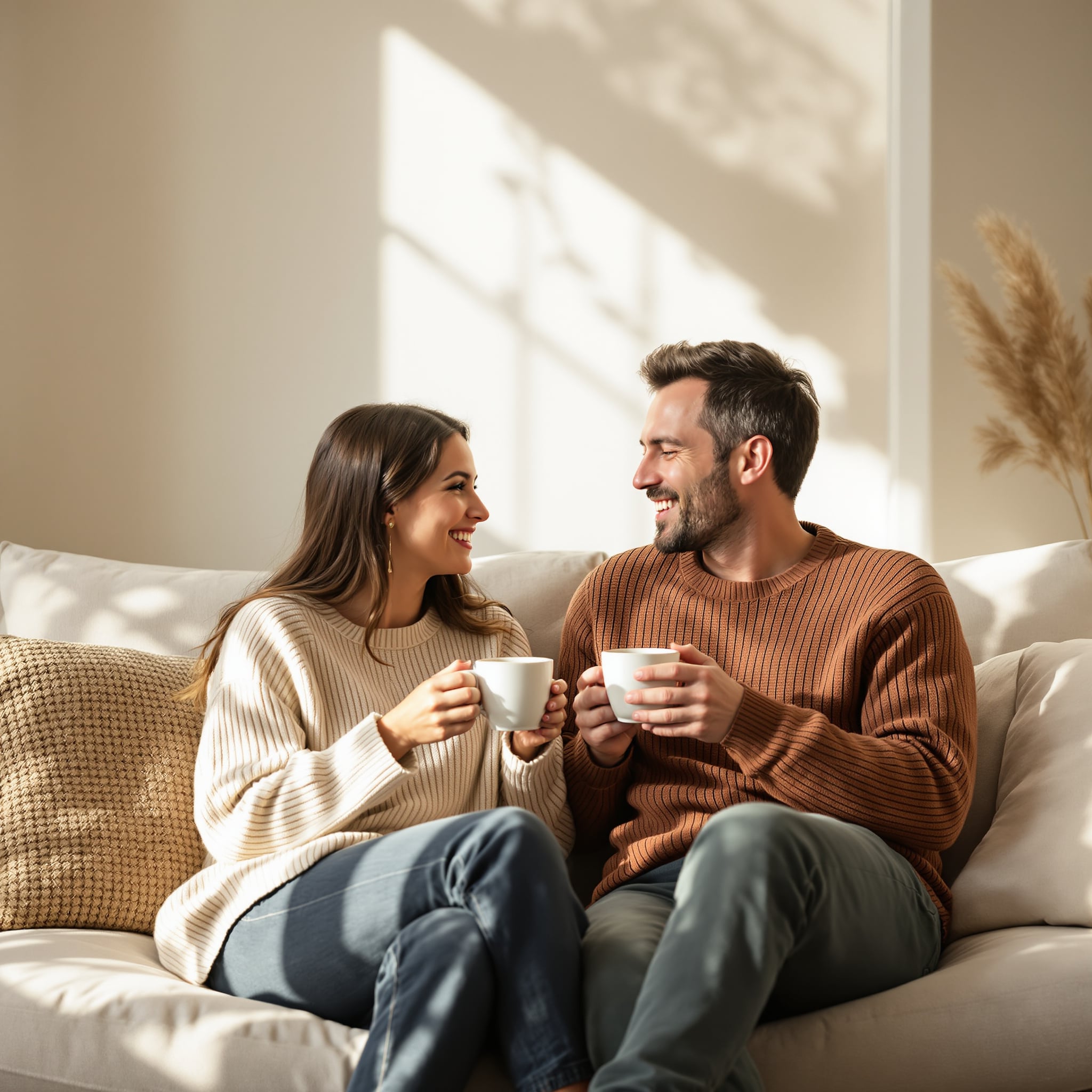 Couple laughing together at home