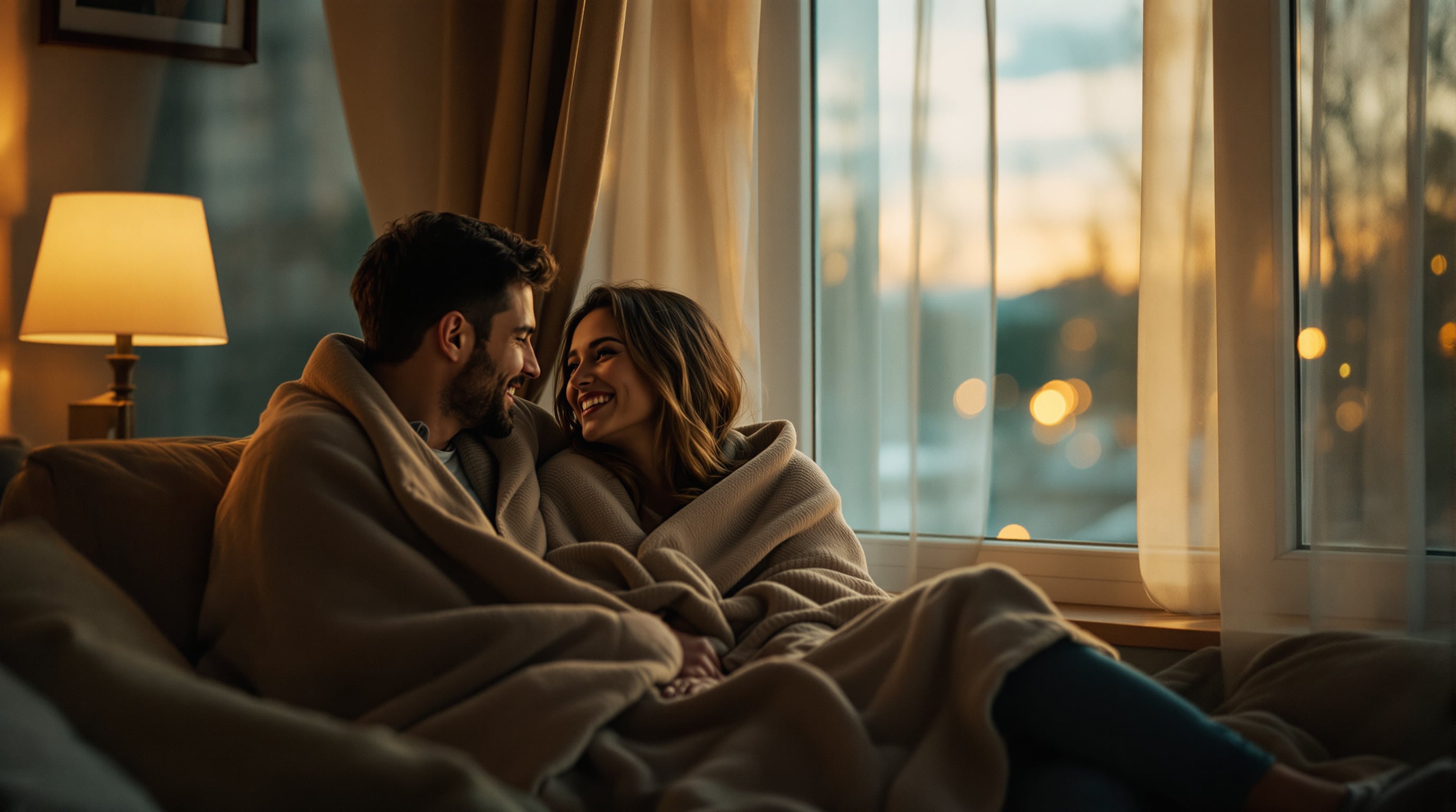 Couple sitting close together in the evening